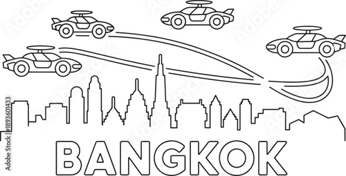 Bangkok cityscape futuristic flying cars transportation technology concept illustration vector
