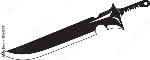 Black and white sketched of a curved dagger with a serrated handle knife blade