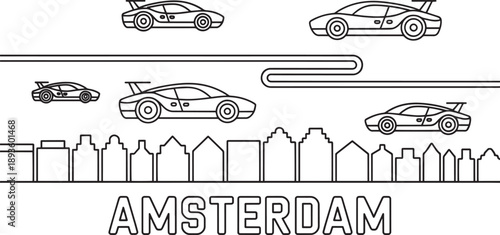 Amsterdam skyline with cars flying on curving paths