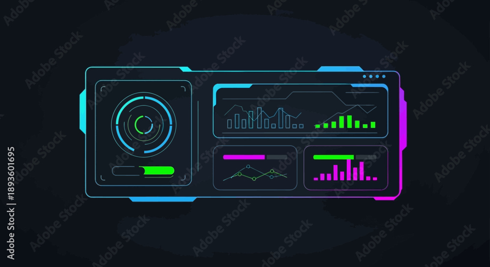 Fototapeta premium Futuristic Digital Interface with Dynamic Graphs and Data Visualization, High Tech Analytics Display
