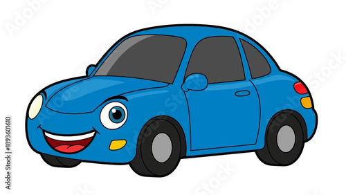 Vibrant blue cartoon car illustration with a friendly smiling face, a whimsical and cheerful vehicle design perfect for kids' themes and playful transportation graphics