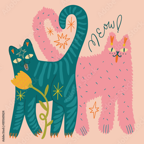 Funny cats modern Valentine or Anniversary abstract bohemian doodle cartoonish childish adorable hand-drawn wild cat tiger and flower postcards lovers couple set. Floral cat toyger, leopard, or