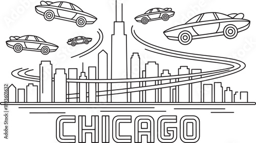 Chicago skyline line art illustration with hovering sports cars and highway infrastructure