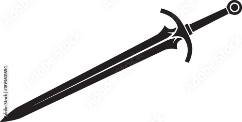 Black and white sketched of a sword with a circular handle and a curved blade