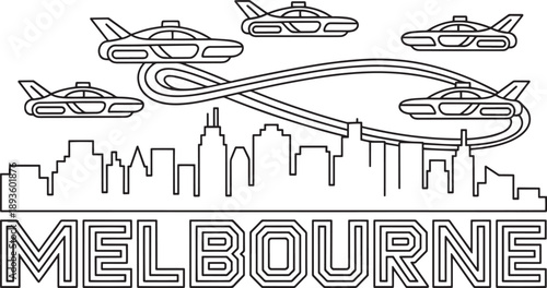 Flying cars over melbourne cityscape futuristic transportation technology concept illustration