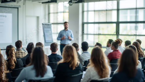 Wallpaper Mural Man presenting to an audience in a modern conference room with large windows Torontodigital.ca