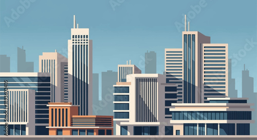 Modern City Skyline with Tall Skyscrapers and Urban Buildings on a Sunny Day, metropolitan landscape