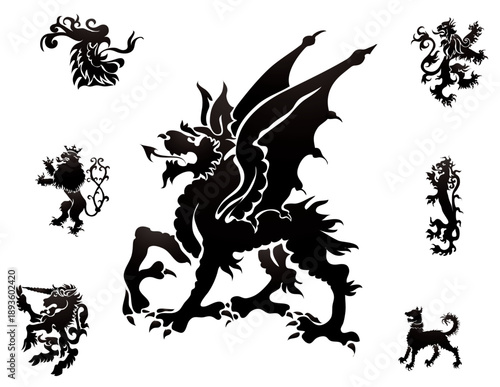 Mythical creatures illustration featuring a dragon surrounded by mythical beasts