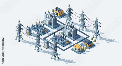 Isometric Power Grid Network System with Substations and Electrical Towers in a Modern City Layout, isolated white background