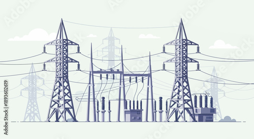 Electrical Power Lines and Transmission Towers Forming a Grid in an Open Field.