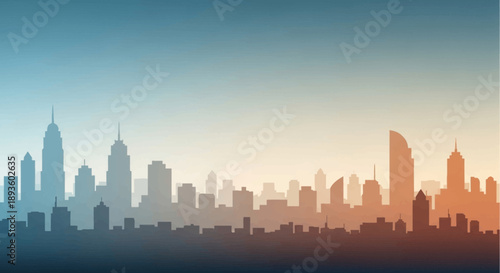 Panoramic City Skyline Silhouette at Dawn or Dusk with Gradient Sky, Urban Landscape.