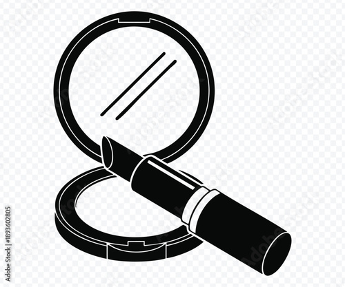 Simple black and white illustration of lipstick and compact mirror for beauty and fashion