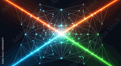 Futuristic Intersecting Laser Beams and Digital Network Lines on Dark Background