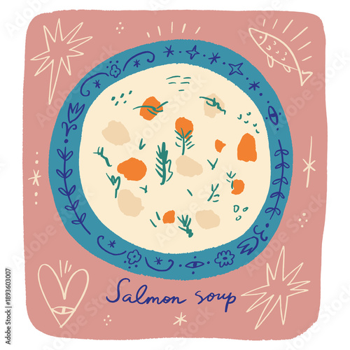 I love soup lettering cooking concept in a trendy minimalistic Scandinavian childish dry brush style. Vector illustration. Isolated fish and vegetables, greens, milk cream, carrot and shrimps