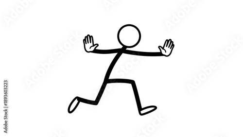 Simple stick figure running with outstretched arms and legs.