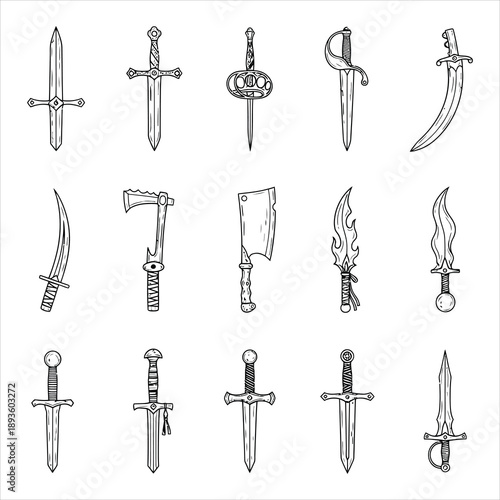 Variety of medieval swords and knives