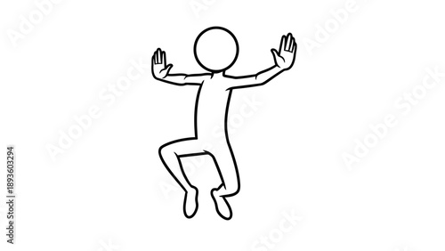 Simple line drawing of a person dancing with arms raised and one leg bent.