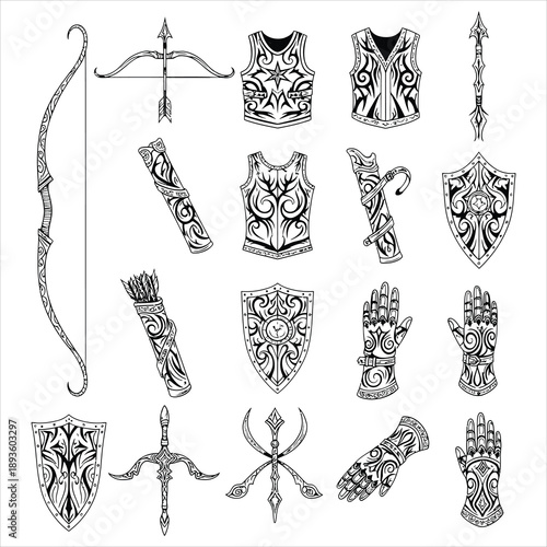 Tribal warrior armor and weapon designs