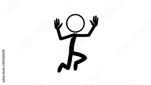 Simple stick figure dancing with raised arms and bent knee.