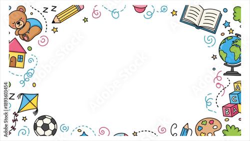 Colorful educational border with school supplies and toys for kids