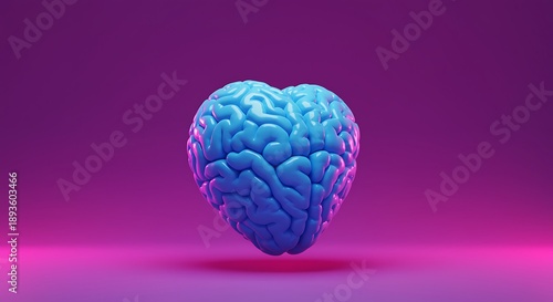 Blue brain in heart shape on purple background with pink glow, symbolizing love and intelligence, brain in heart shape