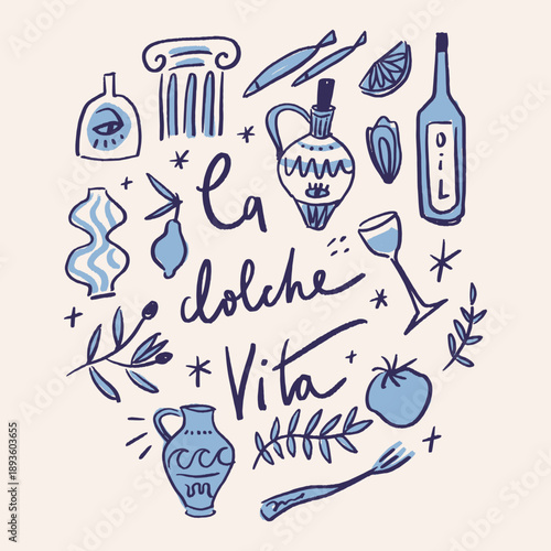 Mediterranean diet cuisine tomato pomodoro and olive oil food poster print set summer vector illustration collection in doodlish groovy freehand style. Vegetable and more kitchen design clipart