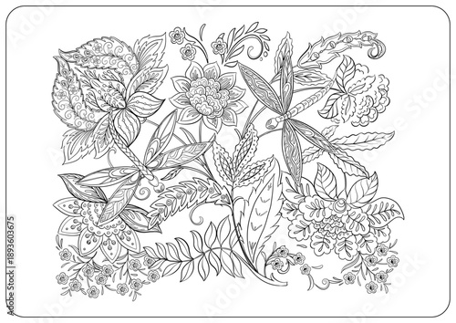 Floral coloring pages with paisley motifs, blooming flowers, leaves, curls and buds. Hand drawn vector line art, black and white monochrome illustration for adult and kids coloring.