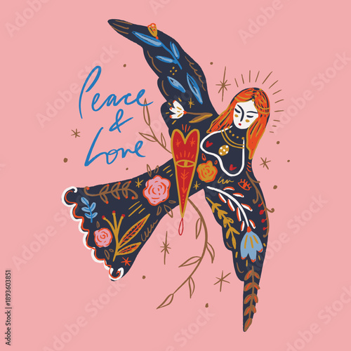 Bird with woman face ornate painting postcard with random organic shapes in freehand style. Includes face, bird, floral art. Vector illustration clipart.