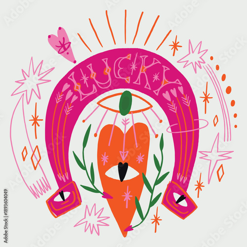 Bohemian freaky cool groovy postmodern funky pink lucky horseshoe lettering label with sacred heart motif, boho hippie sketch hand-drawn whimsical psychedelic illustration. Digital sticker, wild west