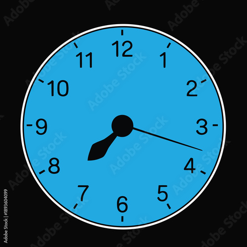 A digital image of a blue clock face with black hands and numbers on a black background, showing a specific time