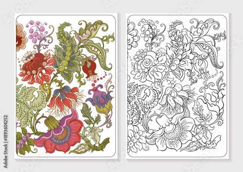 Decorative flowers and leaves in art nouveau style, vintage, old, retro style. Vector illustration. Coloring page for the adult coloring book with colored sample.