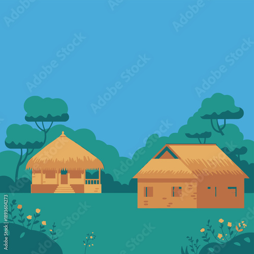 Traditional Huts in a Green Landscape