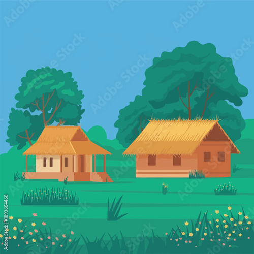 Traditional Huts in a Green Landscape