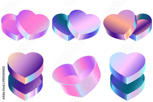 collection of modern 3d render open heart-shaped gift boxes with iridescent holographic gradient colors on black.