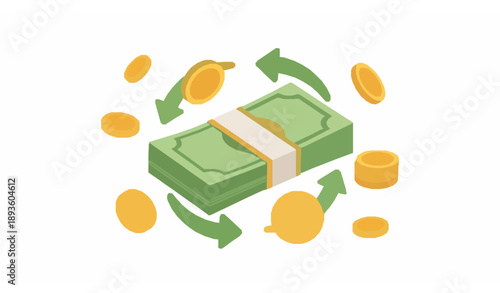 Title
Cashback money pack vector illustration with green dollar banknotes coins and arrows cartoon style EPS 10