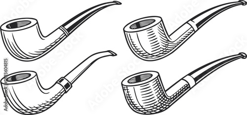 A collection of six different tobacco pipes is presented against a stark white background. The pipes are arranged horizontally, each drawn in a detailed, monochrome, hand-drawn style. The pipes vary i