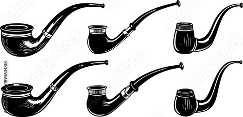 A collection of six different tobacco pipes is presented against a stark white background. The pipes are arranged horizontally, each drawn in a detailed, monochrome, hand-drawn style. The pipes vary i
