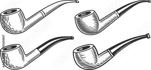 A collection of six different tobacco pipes is presented against a stark white background. The pipes are arranged horizontally, each drawn in a detailed, monochrome, hand-drawn style. The pipes vary i