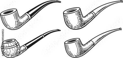 A collection of six different tobacco pipes is presented against a stark white background. The pipes are arranged horizontally, each drawn in a detailed, monochrome, hand-drawn style. The pipes vary i
