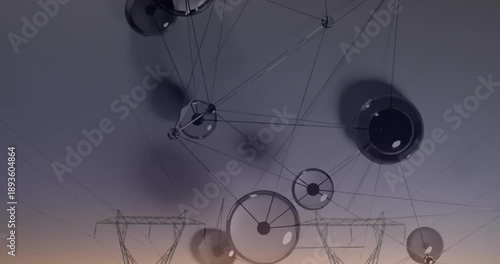 Translucent circular discs floating above power towers, connecting through glowing taut cables