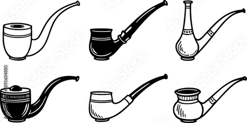 A collection of six different tobacco pipes is presented against a stark white background. The pipes are arranged horizontally, each drawn in a detailed, monochrome, hand-drawn style. The pipes vary i