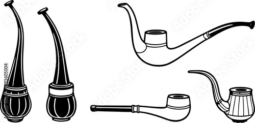 A collection of six different tobacco pipes is presented against a stark white background. The pipes are arranged horizontally, each drawn in a detailed, monochrome, hand-drawn style. The pipes vary i