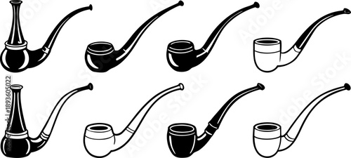 A collection of six different tobacco pipes is presented against a stark white background. The pipes are arranged horizontally, each drawn in a detailed, monochrome, hand-drawn style. The pipes vary i