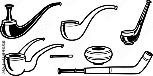 A collection of six different tobacco pipes is presented against a stark white background. The pipes are arranged horizontally, each drawn in a detailed, monochrome, hand-drawn style. The pipes vary i