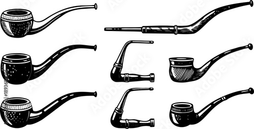 A collection of six different tobacco pipes is presented against a stark white background. The pipes are arranged horizontally, each drawn in a detailed, monochrome, hand-drawn style. The pipes vary i