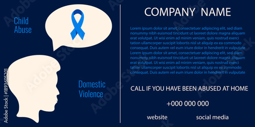 Child Welfare Service ads horizontal banner. Vector illustration of Child silhouette with blue Ribbon in mind with editable text area. Perfect Child Abuse prevention company banner placard design. 