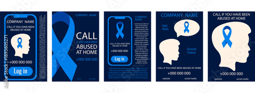 Child Abuse vertical poster cover set. Vector illustrration of blue Ribbon in hands and National Child Abuse prevention month text. Perfect Child Abuse welfare service collection. EPS 10
