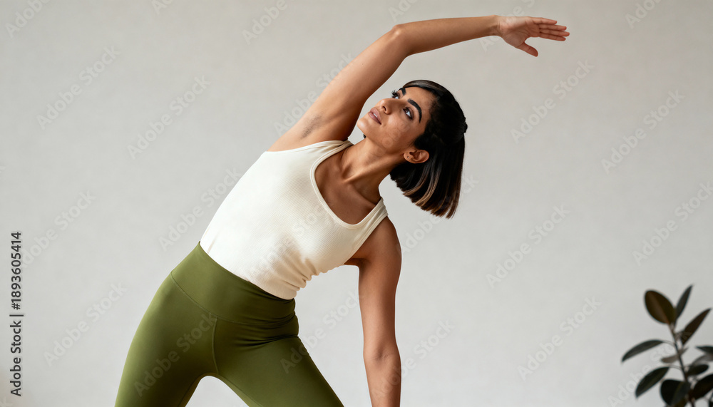 Fototapeta premium A fit woman in activewear practicing a yoga side bend stretch. Young Indian person doing a flexibility workout indoors against a plain background. Healthy lifestyle and wellness concept