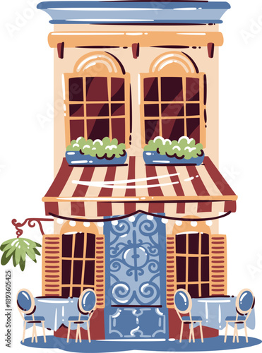 French cafe building facade with striped awning, windows, outdoor tables and chairs, classic street cafe architecture. French cafe exterior inspired by Europe city life, cartoon vector illustration.