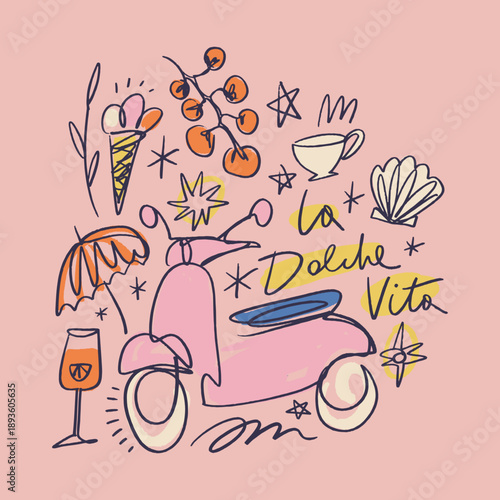 Mediterranean summer freehand collage bundle pink scooter bike, ice-cream, aperol cocktail, tomatoes, coffee cup, beach items, girlish vacay illustration. Vector design in La Dolce Vita aesthetic set